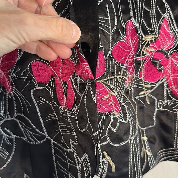Chico’s Black Pink Satin Embroidered Jacket Blazer Silk Colorful Artsy 80s Party - Picture 3 of 5